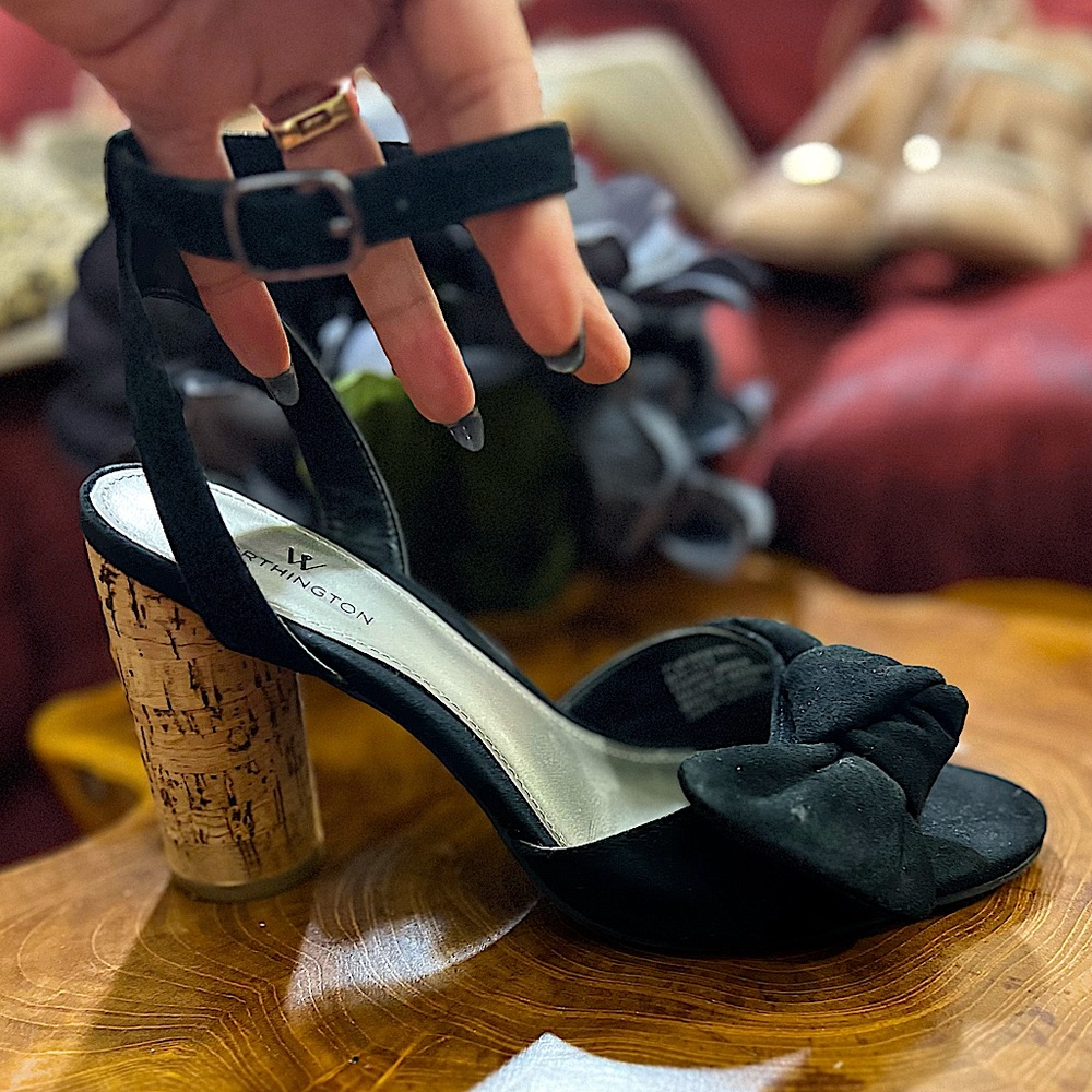 Black Suede Cork Heeled Tinsley Sandals by Worthington - Picture 9 of 13